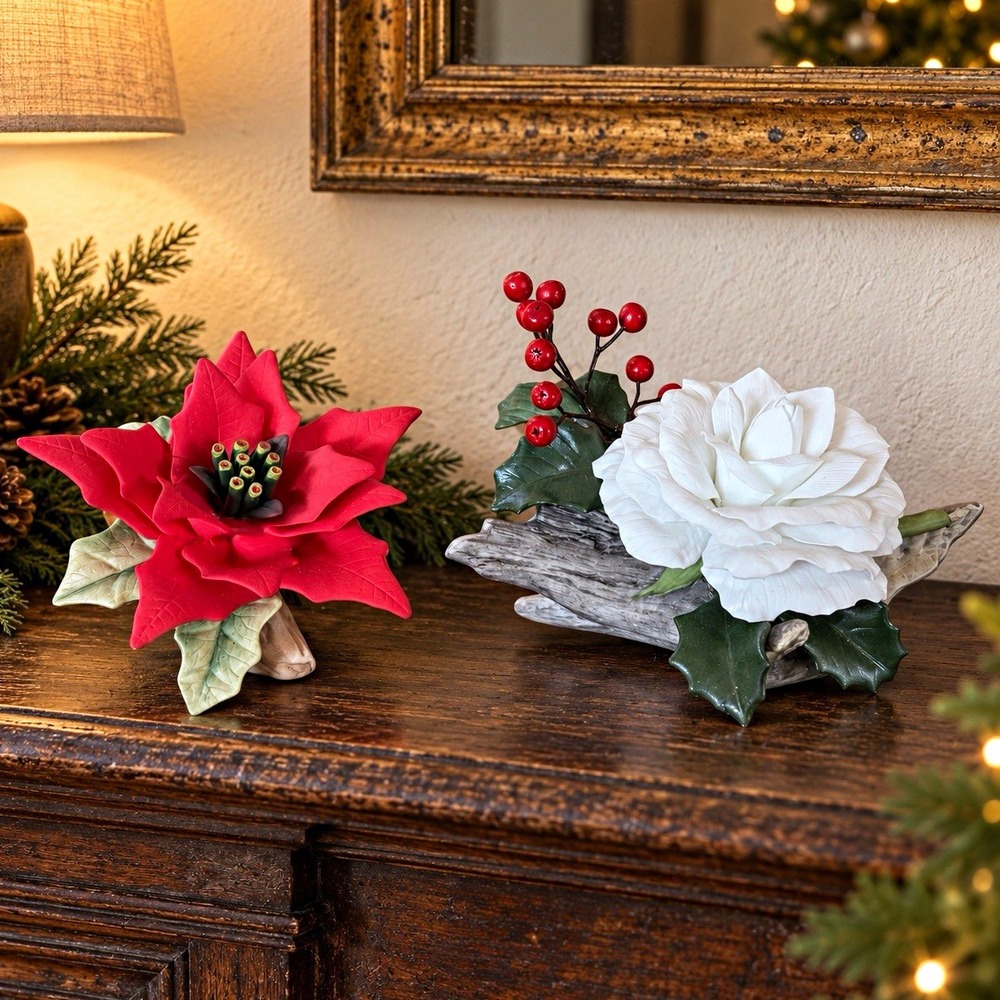 Boehm Porcelain Christmas Rose & Vintage Floral Poinsettia Pair Made in USA
